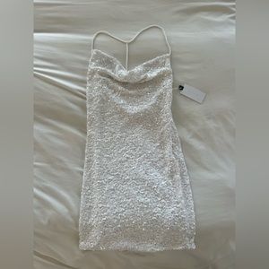 white sequins mini dress with straps and low back